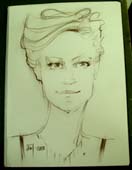 Шаржист на свадьбе. Шарж по фото девушки с тонкой шеей в зеленом тоне в Минске и Калининграде